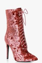 Boohoo Annie Crushed Velvet Lace Up Shoe Boot Rose