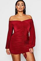 Boohoo Plus Rouched Slinky Off The Shoulder Dress