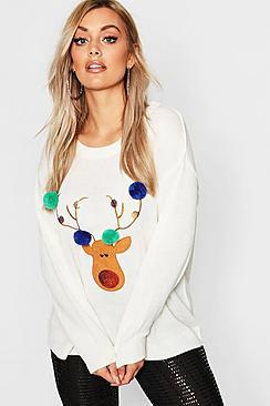 Boohoo Plus Reindeer Pom Pom Sequin Christmas Jumper