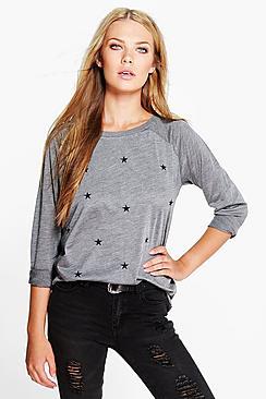Boohoo Lacey Star Embroidered Slash Neck Sweat