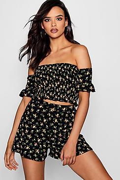 Boohoo Abi Floral Off The Shoulder Crop Top Short Co-ord