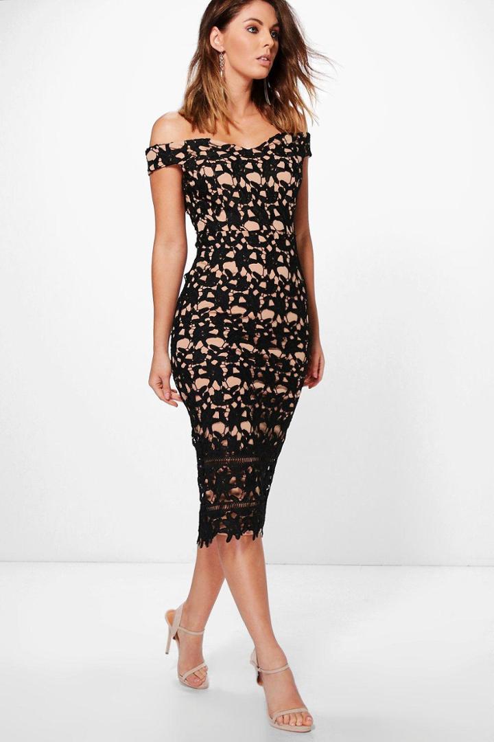 Boohoo Boutique Lacey Crochet Off Shoulder Midi Dress Black