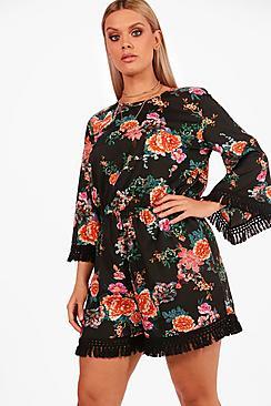 Boohoo Plus Mae Floral Print Tassel Hem Playsuit