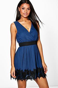 Boohoo Ciara Chiffon Wrap Crochet Hem Skater Dress