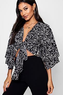 Boohoo Harriet Monoprint Tie Front Top