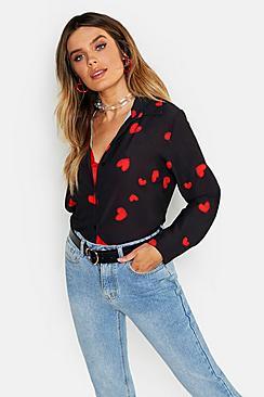 Boohoo Woven Heart Print Shirt