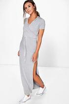 Boohoo Petite Wrap Front Drawstring Waist Maxi Dress