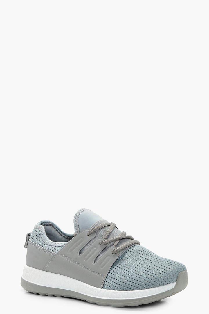 Boohoo Esme Mesh Lace Up Sports Trainer Grey