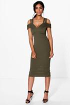 Boohoo Kya Strappy Cold Shoulder Midi Bodycon Dress Khaki