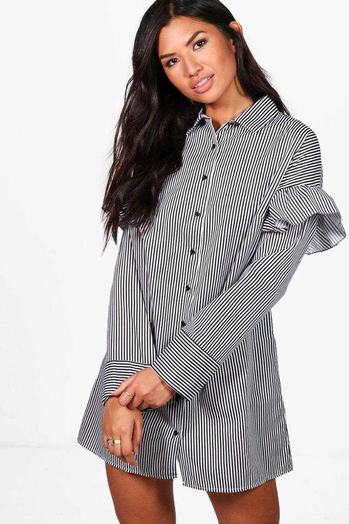 Boohoo Rosie Ruffle Shoulder Stripe Shirt Dress Black
