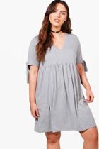 Boohoo Plus Orla Tie Short Sleeve Smock Dress Grey