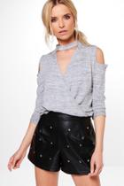 Boohoo Grace Drape Front Lace Insert Knitted Top Grey