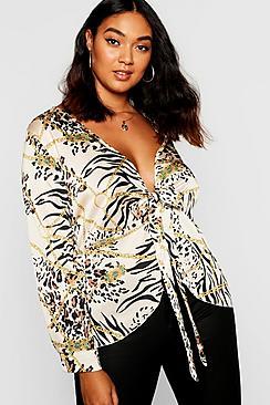 Boohoo Plus Satin Chain Print Tie Front Blouse