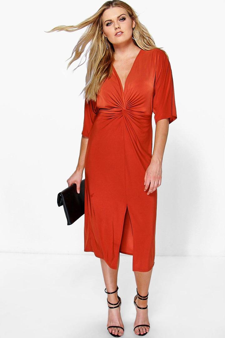 Boohoo Plus Esme Kimono Sleeve Wrap Front Midi Dress Spice