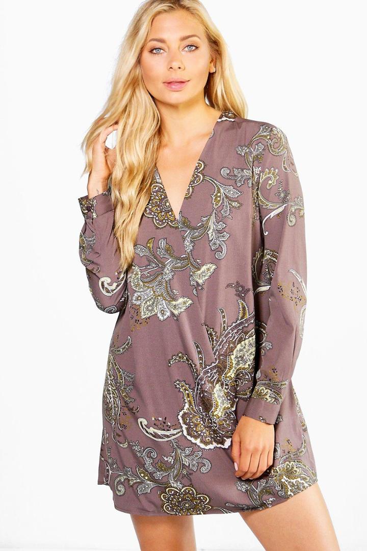Boohoo Scarlett Paisley Wrap Shirt Dress Grey
