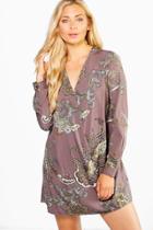 Boohoo Scarlett Paisley Wrap Shirt Dress Grey
