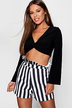 Boohoo Petite Jenny Flare Sleeve Striped Knot Front Top