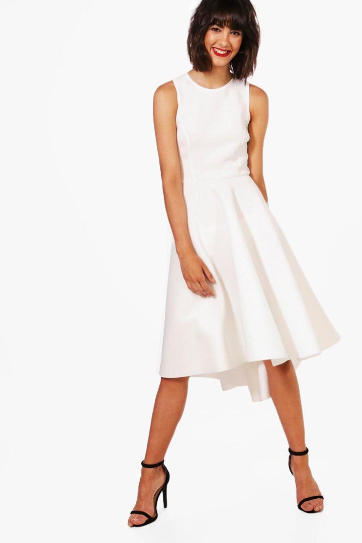 Boohoo Kelly Bonded Skuba Dip Hem Skater Dress Ivory