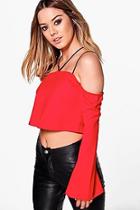 Boohoo Petite Liv Spaghetti Strap Off The Shoulder Crop