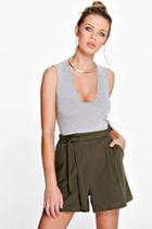 Boohoo Amber Longer Length Tie Belt Pleated Shorts Khaki