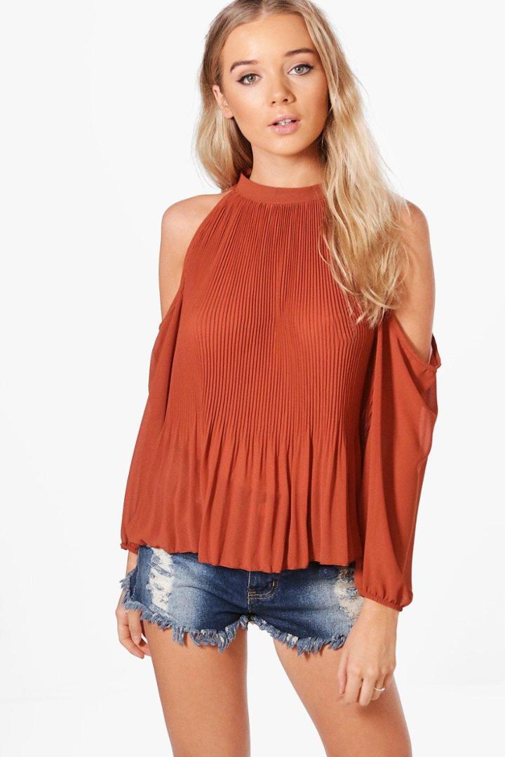 Boohoo Skyler Cold Shoulder Pleated Frill Sleeve Top Rust