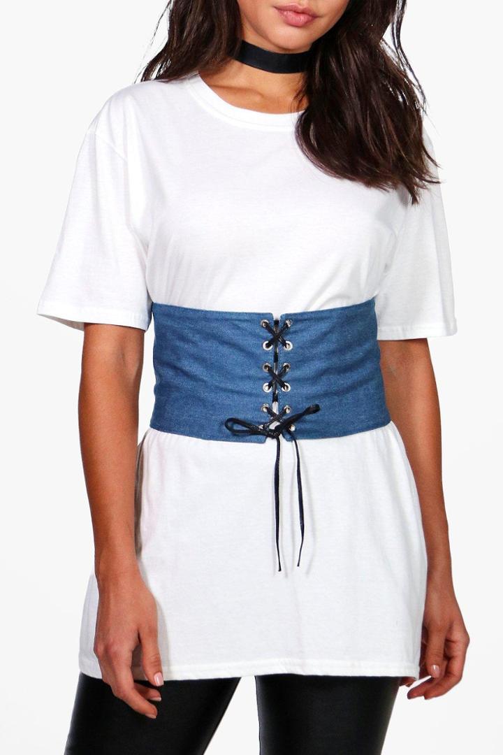 Boohoo Tilly Denim Lace Up Corset Belt Blue