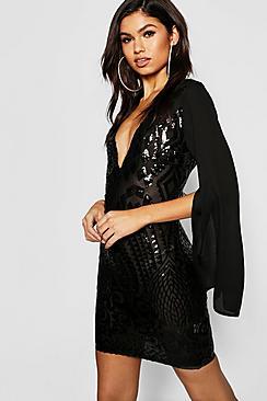 Boohoo Sequin Chiffon Sleeve Bodycon Dress