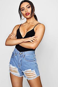 Boohoo Ladder Distressed Denim Mom Shorts