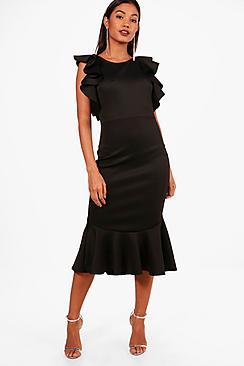 Boohoo Mollie Open Shoulder Frill Detail Midi Dress