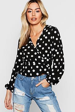 Boohoo Petite Spot Print Wrap Front Blouse
