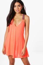 Boohoo Lexi Embroidered Strappy Swing Beach Dress Coral