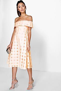 Boohoo Ella Off Shoulder Check Organza Skater Dress