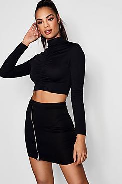 Boohoo Georgie Ruched High Neck Long Sleeve Top