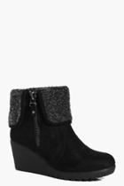 Boohoo Laura Wedge Shearling Cuff Boot Black