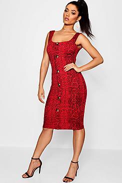 Boohoo Snake Print Button Through Midi Dress