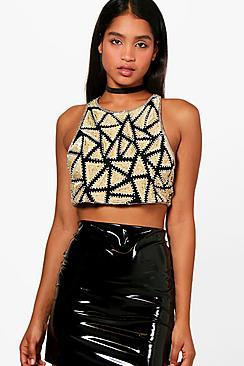 Boohoo Elise Embellished Stud & Sequin Lace Up Crop