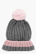 Boohoo Amy Contrast Trim And Bobble Beanie