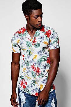 Boohoo White Floral Print Short Sleeve Revere Shirt