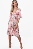 Boohoo Rachel Floral Angel Sleeve Midi Skater Dress Multi