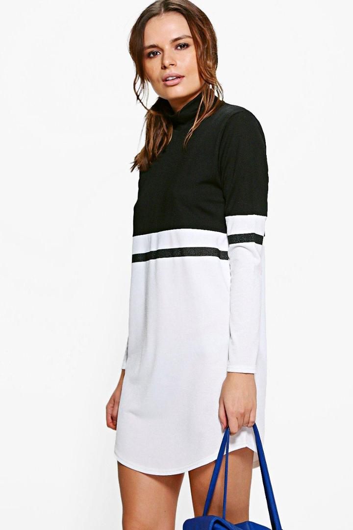 Boohoo Camille Mono High Neck Colour Block Shift Dress Black