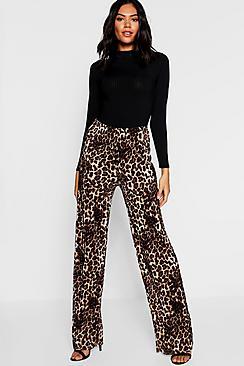 Boohoo Leopard Print Pleated Wide Leg Trouser