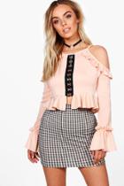 Boohoo Nelly Ruffle Cold Shoulder Hook And Eye Crop Nude