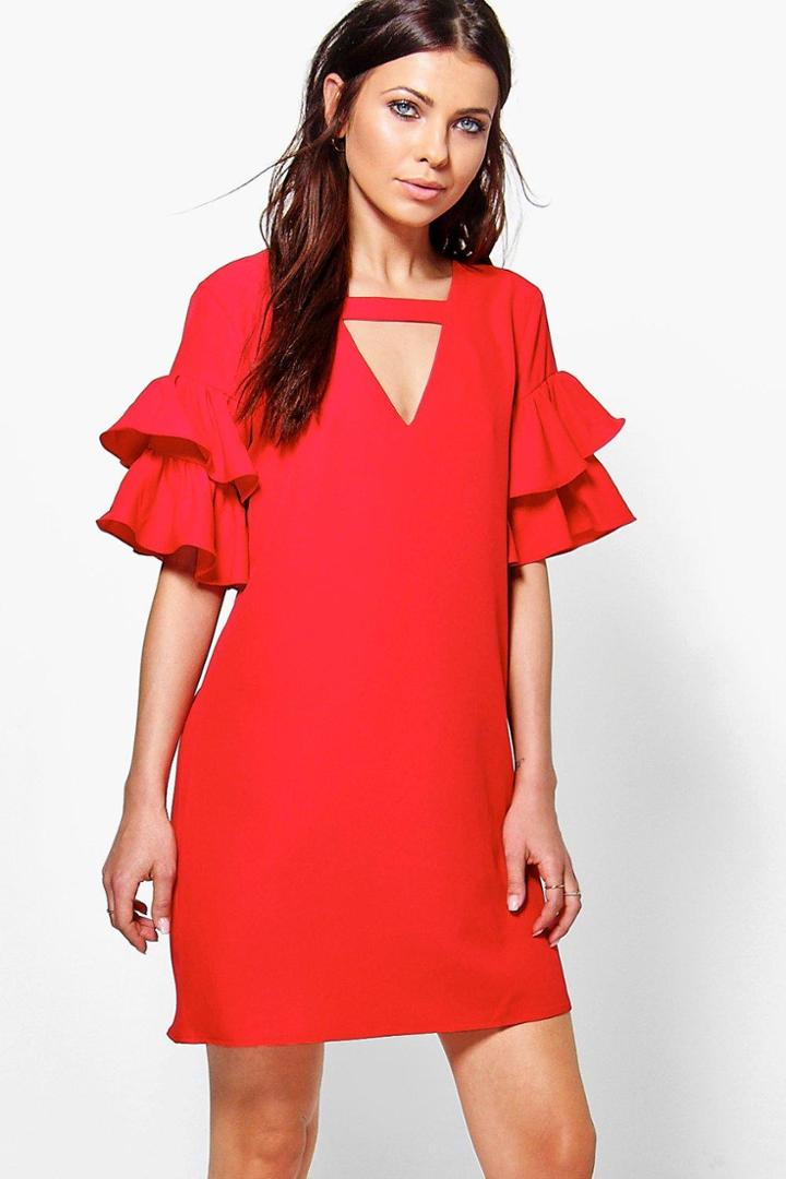 Boohoo Georgia Tiered Plunge Shift Dress Ruby