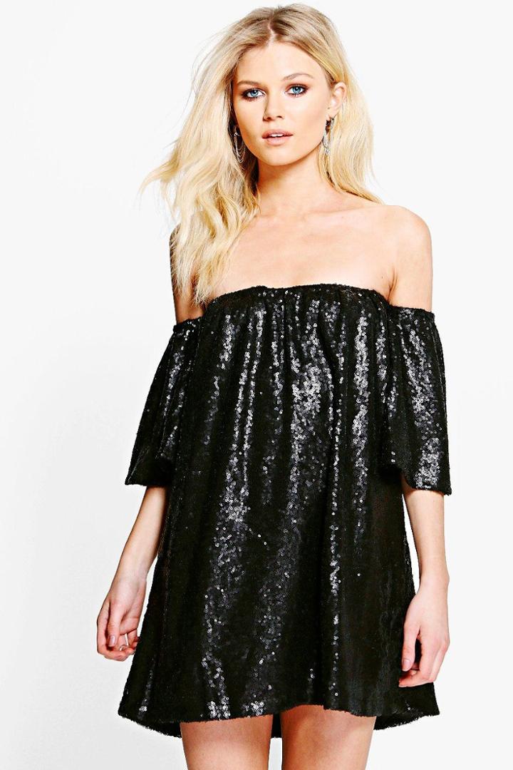 Boohoo Petite Boutique Ria Sequin Off The Shoulder Dress Black