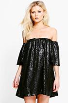 Boohoo Petite Boutique Ria Sequin Off The Shoulder Dress Black