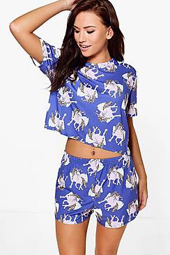 Boohoo Mya Rainbow Unicorn Print Short And Tee Pj Set
