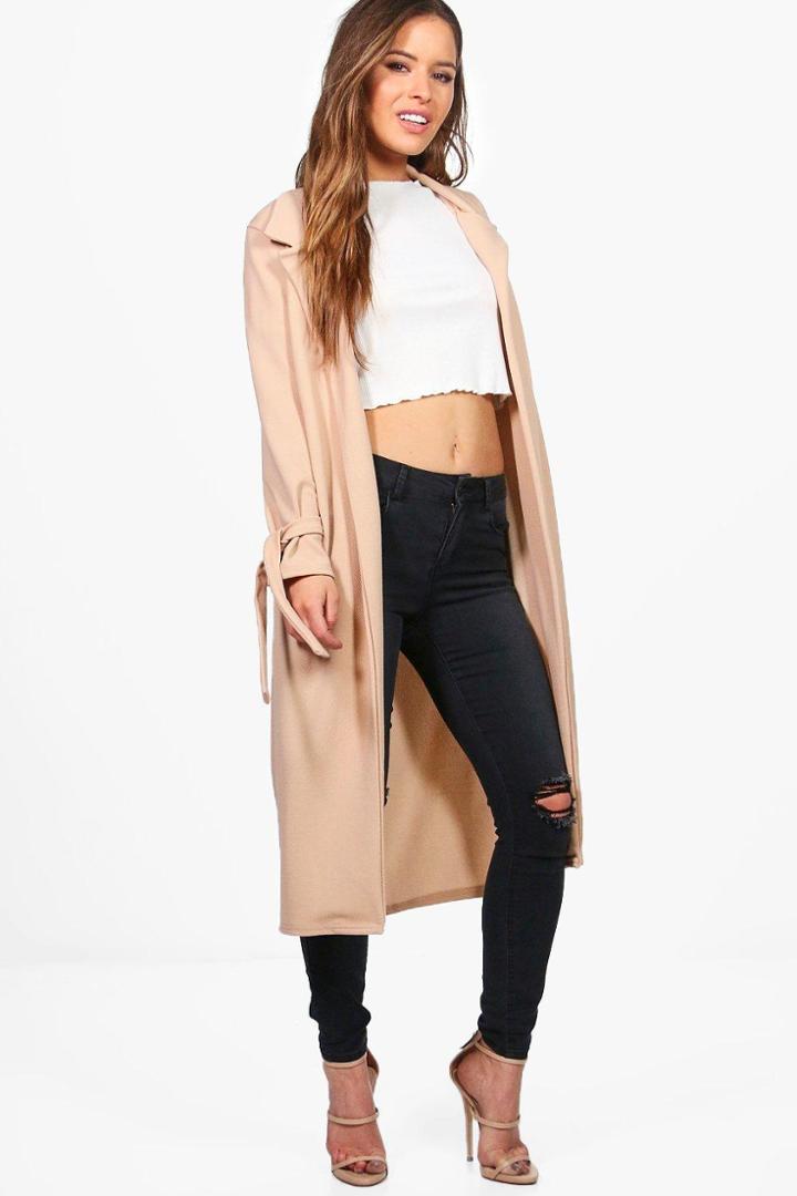 Boohoo Petite Kelly Tie Cuff Longline Duster Stone