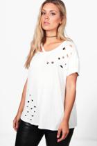 Boohoo Plus Fran Distressed Cut Shoulder Tee Ivory