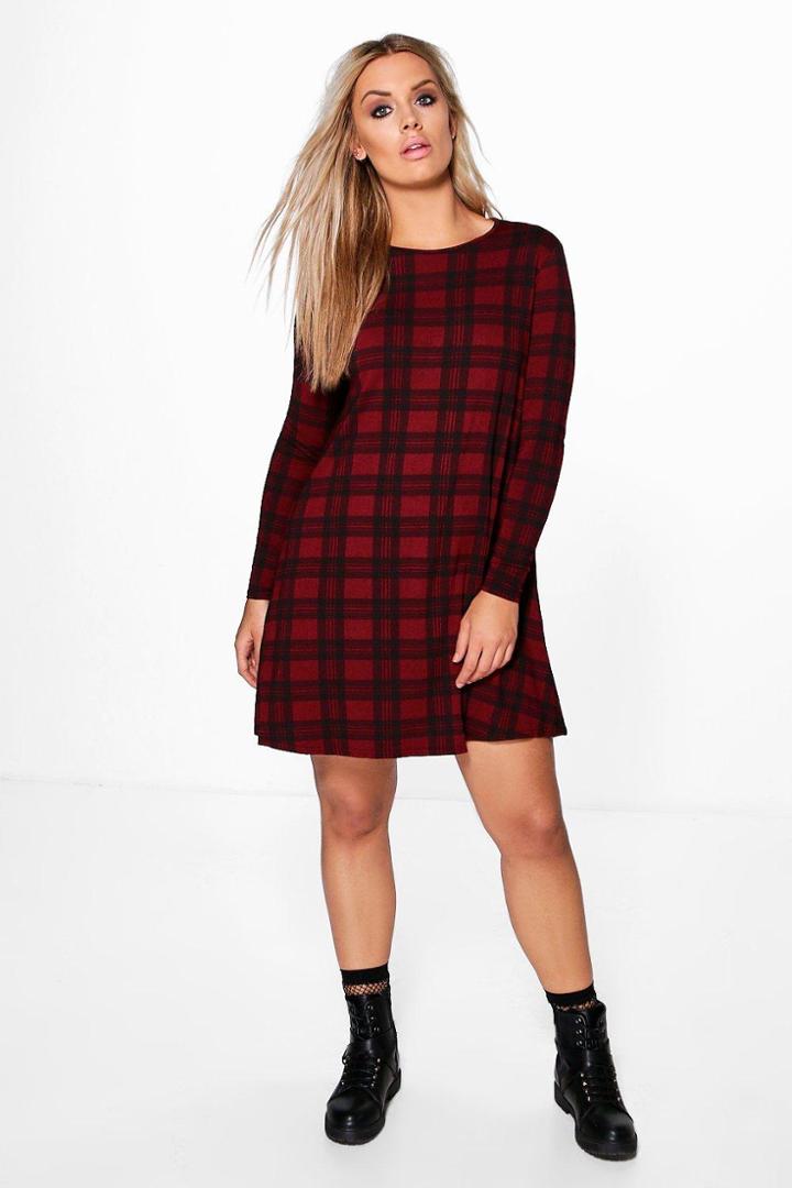 Boohoo Plus Kelly Tartan Basic Swing Dress Wine