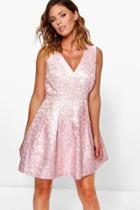 Boohoo Boutique Isa Jaquard Cut Out Detail Skater Dress Pink